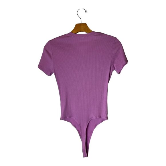 Monrow Bodysuit Women XS Purple Ribbed Crew Henley Neck Short Sleeve Pull-On - Picture 2 of 11